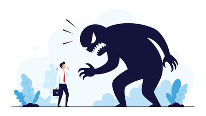 Scared businessman facing a giant terrifying monster shadow representing his internal fears and workplace anxieties.