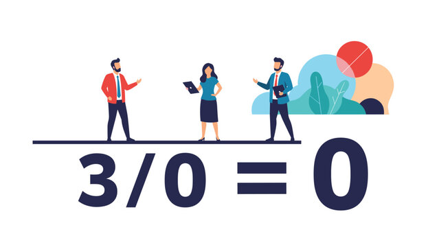 Group of diverse professionals standing above a mathematical division by zero equation indicating poor team efficiency.