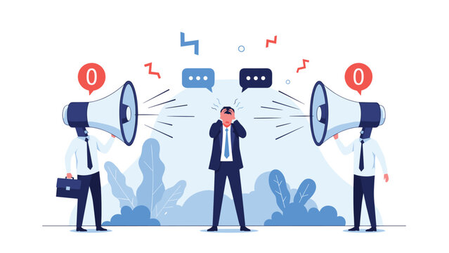 Stressed man covering his ears as two giant megaphones with zero icons scream at him depicting negative feedback and pressure.