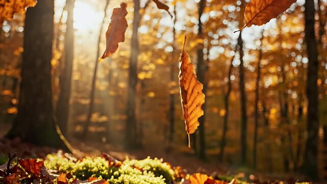 Close-up of sunlit autumn leaves in a forest