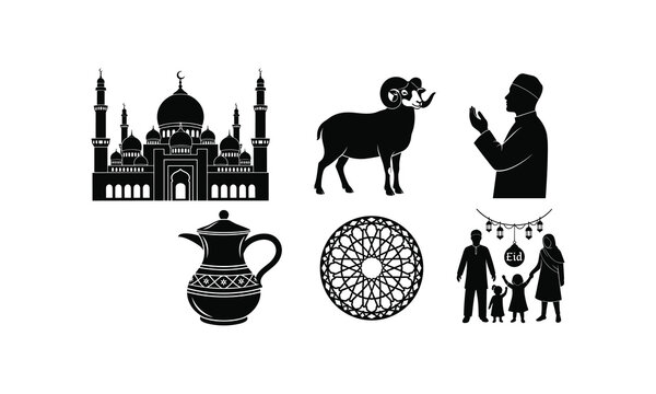 Eid al adha vector illustration set. ramadan mubarak muslim people festival religion holiday.