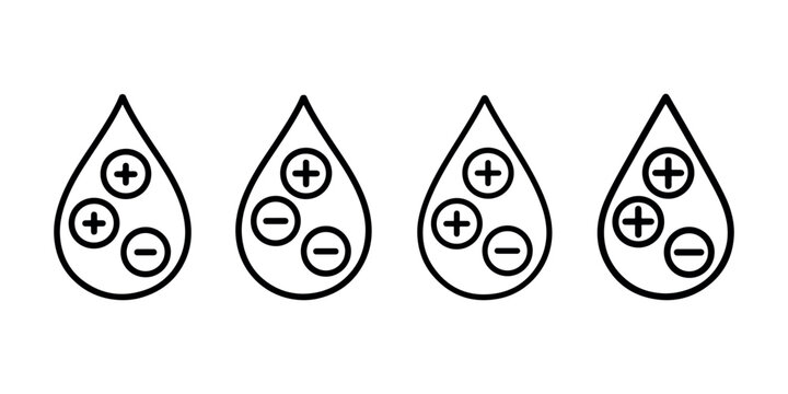 Four black outline icons of water drops, each containing positive and negative charge symbols, representing ionized or charged liquid