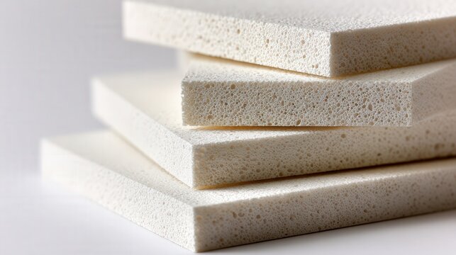 Stacked white foam sheets display fine porous texture, sharp edges and soft shadows, studio lighting highlights layers and surface detail, ideal for packaging and acoustic applications