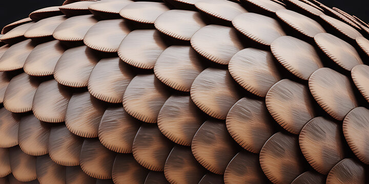 Closeup of copper roof tiles with brown metallic sheen and semicircular shape