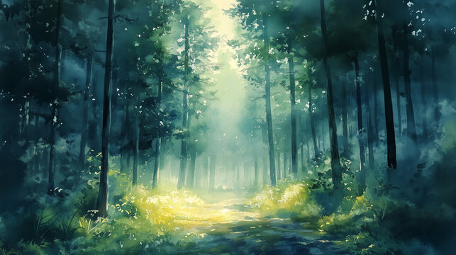  green forest depicted in a watercolor painting. Ideal for nature-themed designs