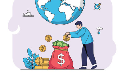 Fototapeta premium Man putting gold coins into a large money bag with a giant globe above symbolizing global wealth and international finance.