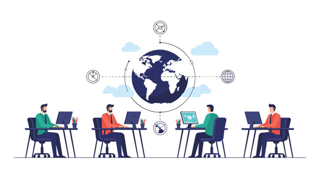 Group of remote employees working on computers under a large globe with icons for time management and global connectivity.