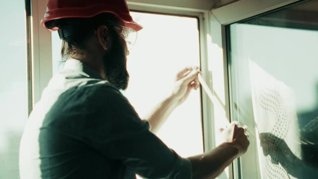 Specialist Using Tape Measure For Measuring Window Frame. Worker Checking Dimensions Of Glass Structure