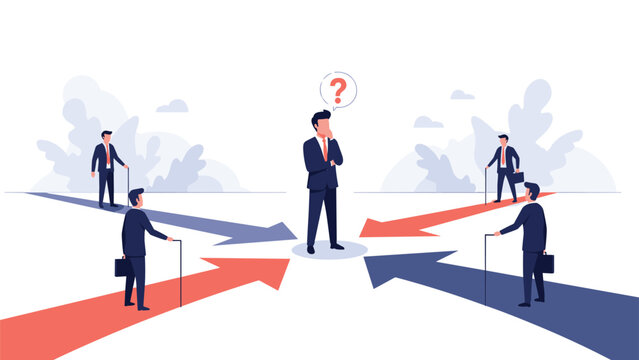 Businessman standing in the center of four large converging arrows with a question mark bubble representing decision making.