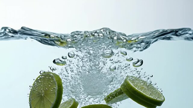 Slices of lime splash into clear water, creating a cascade of bubbles and ripples