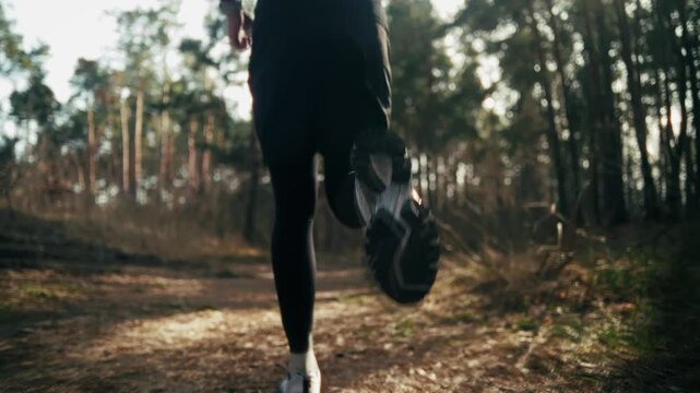 Running Through Sunlit Woods. Athlete Training During Morning Cardio Workout