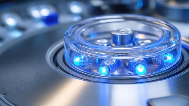Advanced electronic components illuminate with cool blue tones and reflective surfaces. Hightech spinning disk with illuminated blue lights and sleek reflective finish creates modern aesthetic