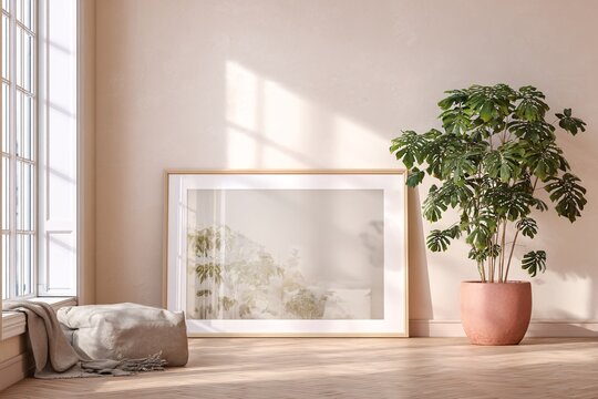 Minimalist interior with a framed poster and a potted plant in sunlight
