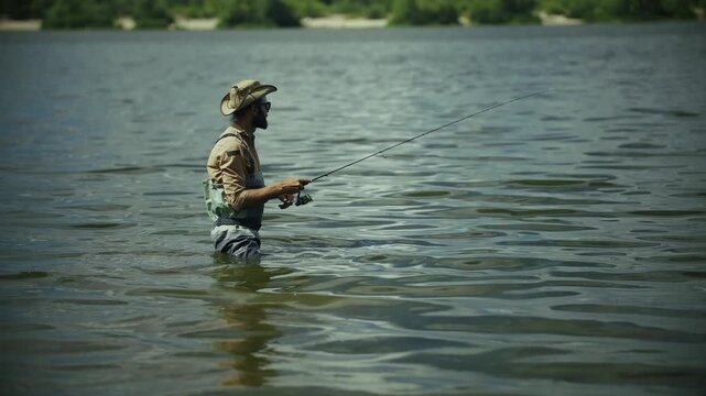 Fisherman Standing In River Water Casting Fishing Rod. Outdoor Recreation And Hobby In Nature