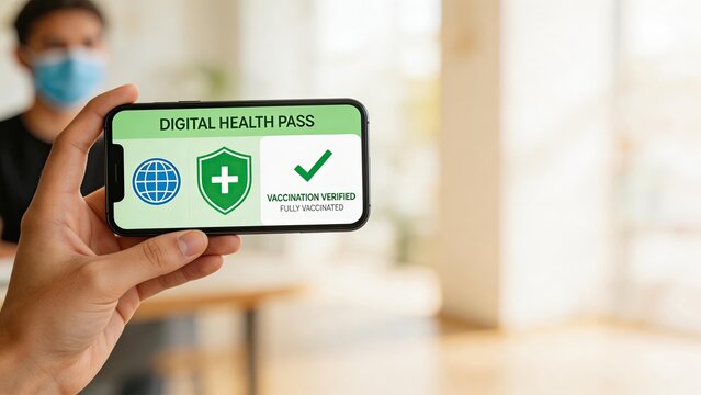 Digital health pass on smartphone showing vaccination verified status with green checkmark shield icon and globe symbol held by person in medical mask background