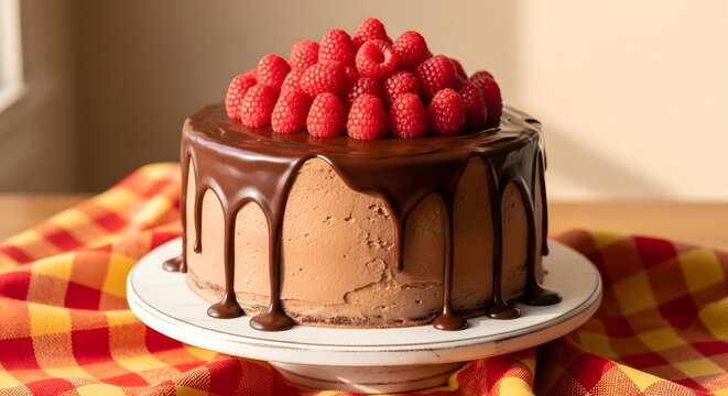 Delicious chocolate cake with raspberries and chocolate drizzle on a plate