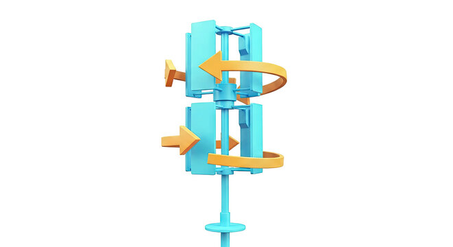 3D illustration of a vertical axis wind turbine with arrows indicating rotation