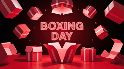 Boxing Day neon text with red gift boxes on a dark red background