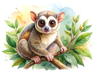 Fototapeta premium A charming primate with large eyes and a friendly smile, perched on a branch, surrounded by vibrant foliage and a watercolor background