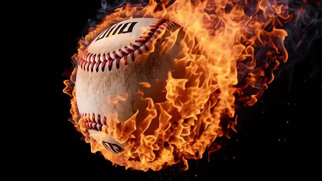Flaming Baseball Flying Through the Air on Black Background