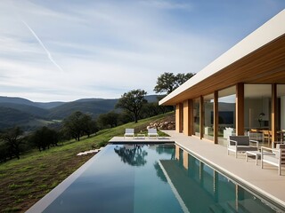 Fototapeta premium Contemporary Estate Retreat with Infinity Pool and Mountain Vista Overview