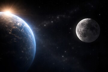 Fototapeta premium Earth and a distant moon illuminated by a bright stellar light source