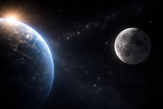 Earth and a distant moon illuminated by a bright stellar light source