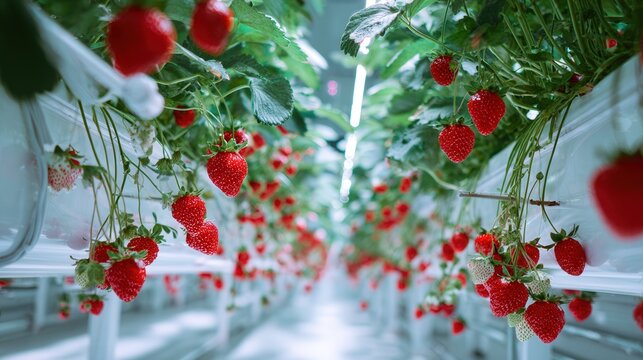 Ripe strawberries hanging in greenhouse, glossy red berries suspended from vine rows, drip irrigation tubes and soft LED glow creating bokeh highlights, narrow corridor lined with white troughs, scene