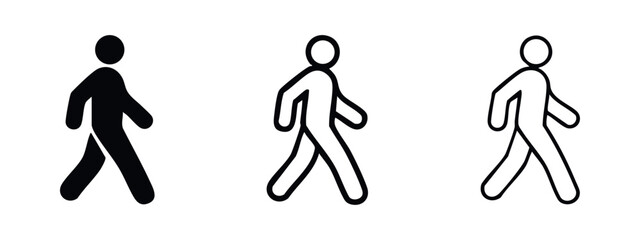 Fototapeta premium Walking person icons set. Man or pedestrian symbol, black flat and outlined vector illustrations of movement.