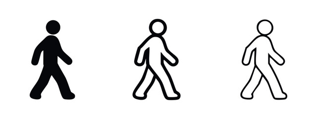 Fototapeta premium Walking person icons set. Man or pedestrian symbol, black flat and outlined vector illustrations of movement.