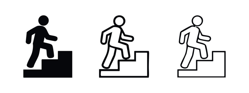 Man climbing stairs icons set. Person walking up steps, black flat and outlined vector symbols of progress.