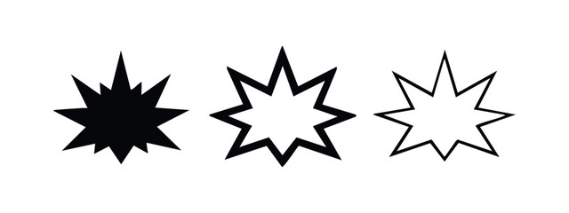 Eight-point starburst or explosion icon set, representing impact, boom, or energy burst © liubomir118809