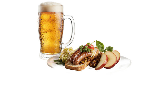 Beer sausage platter refreshing cold lager and grilled bratwurst on bread cut out on a transparent background