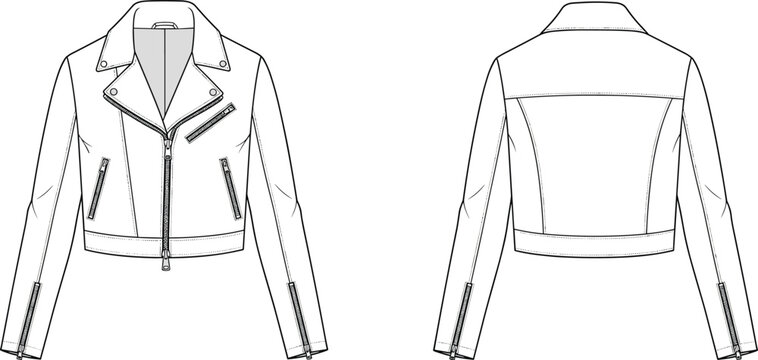 Women's biker jacket illustration with asymmetrical zipper and multiple pockets, cropped leather style, front and back view modern fashion design