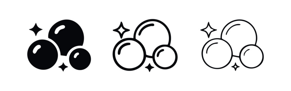 Bubbles icon set. Soap or water bubbles with sparkle effect in solid and outline styles. Vector illustration.