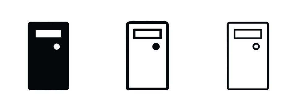 Server case or computer tower icon set, representing technology, hardware, and data processing equipment