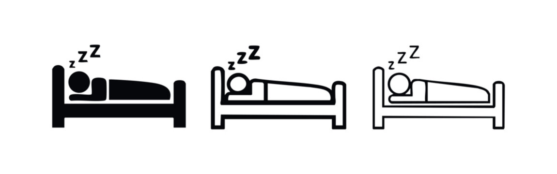 Person sleeping in bed with Zzz icon vector in three styles for sleep, relaxation, and bedtime concepts.