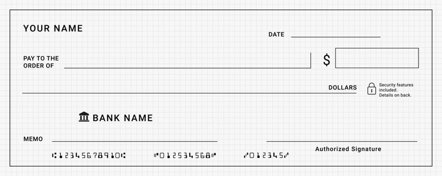 Bank check template vector with grid pattern background. Blank cheque design layout editable financial document. Business payment clean check template