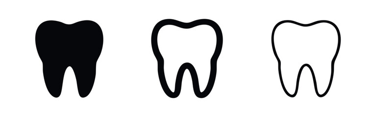 Obraz premium Tooth icon set, dental health and oral hygiene symbols. Black silhouettes and outline variations for medical and healthcare design.