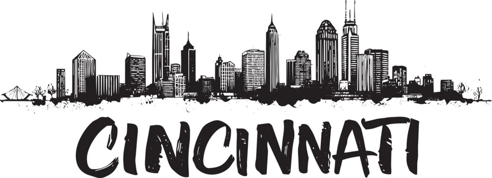 Cincinnati City Skyline Black And White Hand-drawn Vector Illustration With Textured Brush Stroke Typogra