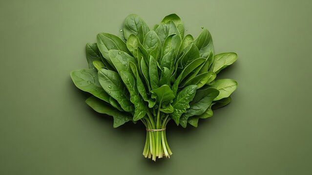Fresh spinach bundle, nutritious leafy greens on green background space