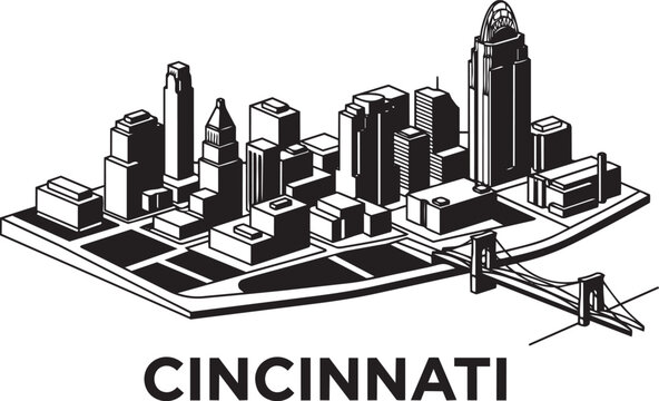 Outline Illustration Of Cincinnati Skyline And Bridge In Isometric Perspective
