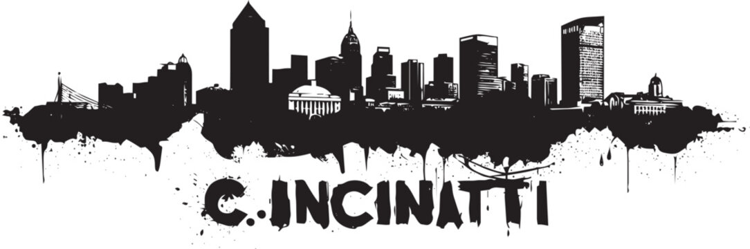Cincinnati Ohio Skyline Silhouette With Grunge Paint Splatter And Urban Street Art Style Text