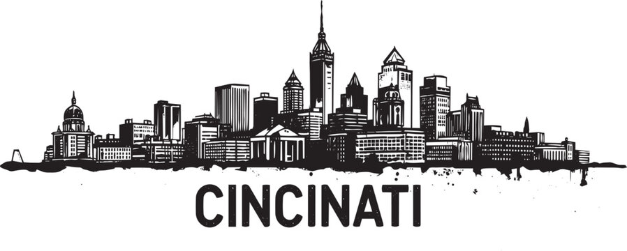 Cincinnati Ohio Skyline Sketch Illustration Featuring Hand-drawn Skyscrapers And Urban Landmarks