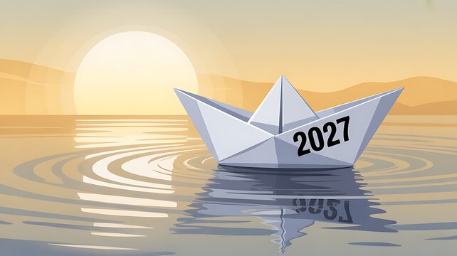  paper boat floating on water with year number.
