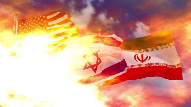 Flags of Iran, the United States, and Israel, and fire as a symbol of war