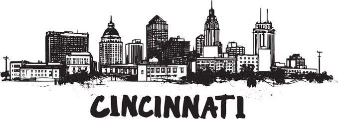 Obraz premium Cincinnati Skyline Silhouette Vector Illustration With Textured Cityscape And Bold City Name