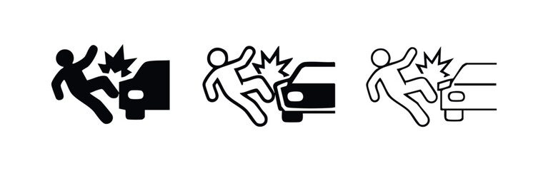 Pedestrian hit by car icon set. Road accident showing side collision and injury. Traffic safety symbol. © liubomir118809