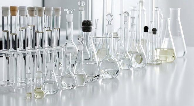 Various laboratory glassware and test tubes on a white surface for science experiments