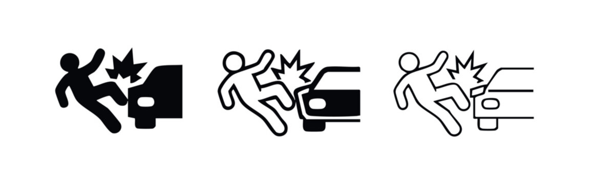 Pedestrian hit by car icon set. Road accident showing side collision and injury. Traffic safety symbol.